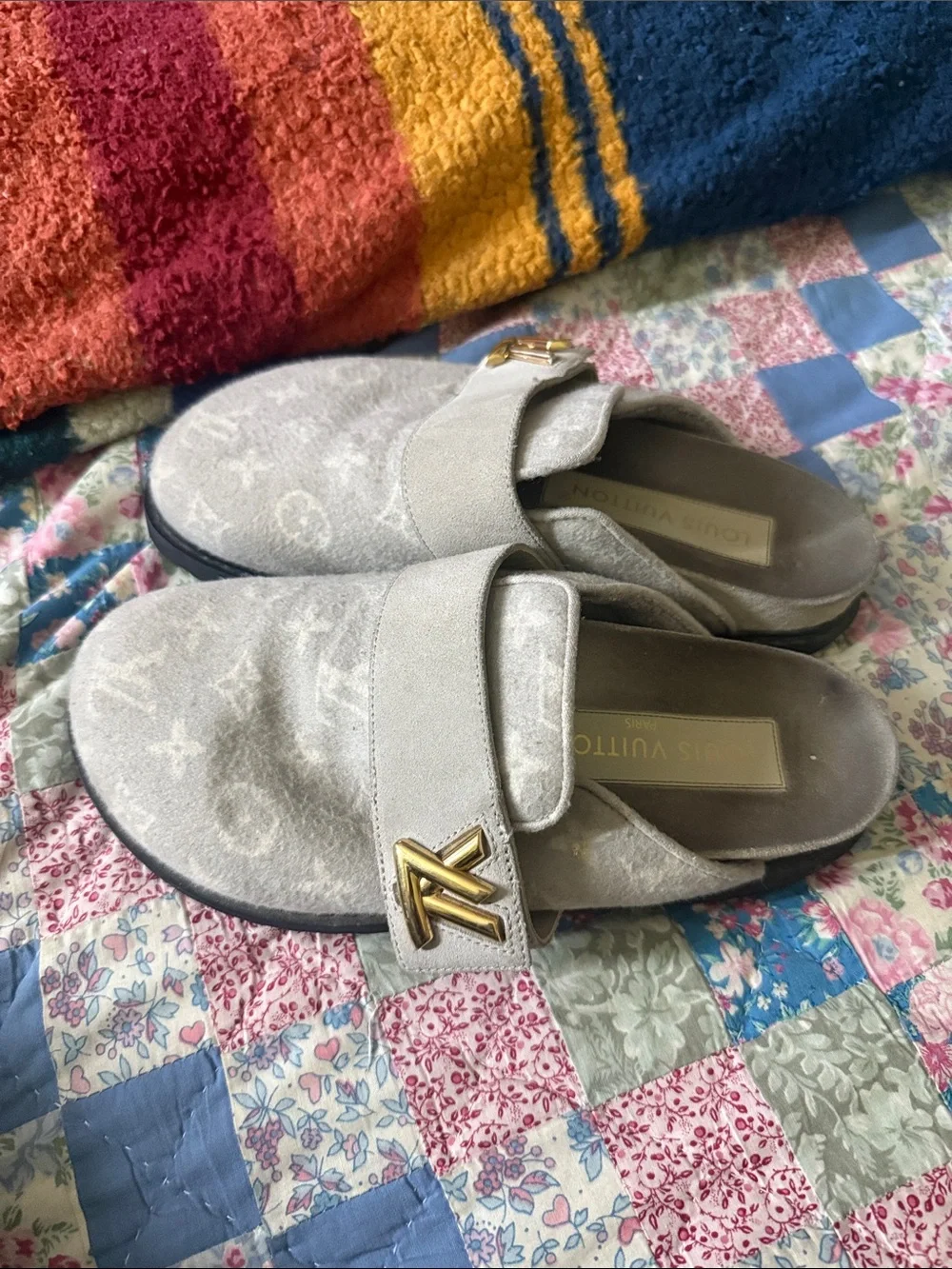 Louis Vuitton Kids Light Gray Monogram Slip-On Clogs with Gold LV Buckles